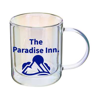 Iridescent Glass Coffee Mug with custom logo.