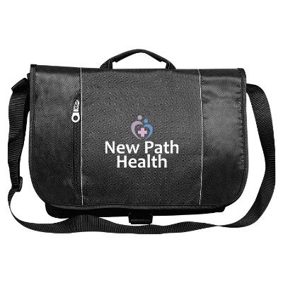 Black messenger bag with zippered pocket and full-color logo.