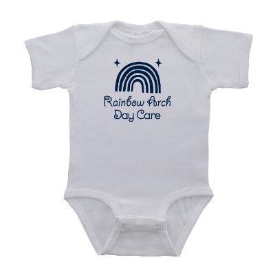 Custom white infant bodysuit with logo.