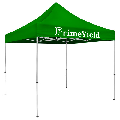 Green 10-ft. tent with custom imprint.