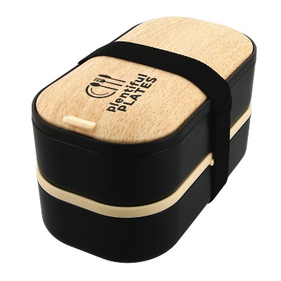 Plastic bento lunch box with one color logo.