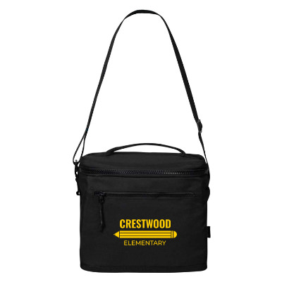 Black polyester cooler with a branded logo.