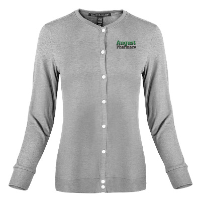 Custom gray cardigan with embroidered imprint.