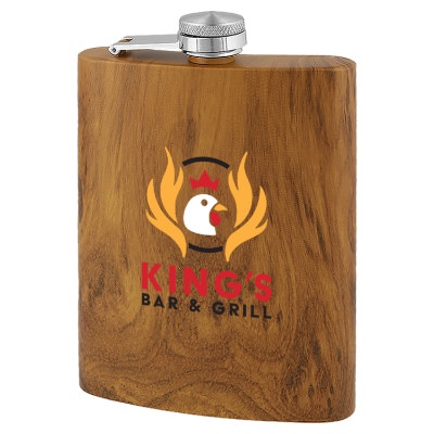 Wood tone flask with custom full color imprint in 8 ounces.