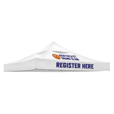 White 10-ft. vented tent canopy with custom imprint.