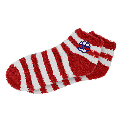 Red and white striped sock with embroidered logo.