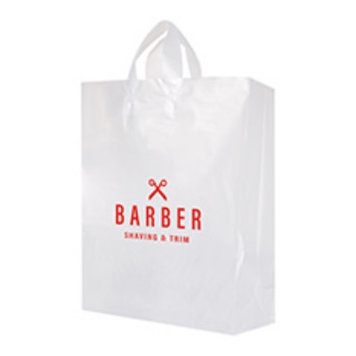 Plastic clear frosted large with handles recyclable shopper bag logoed.