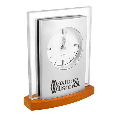 Wood clock with a personalized logo.