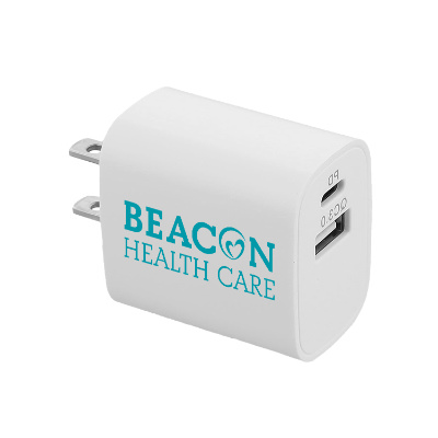 White plastic power adapter with a personalized logo.