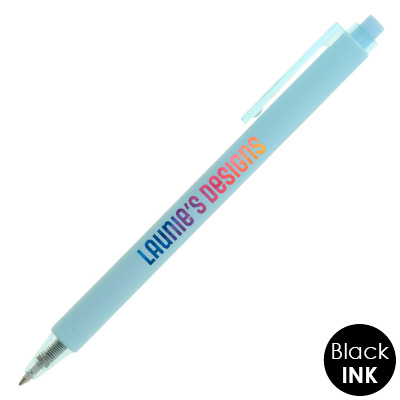 Colored soft sided pen with translucent clip and customized logo.
