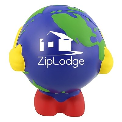 Blue with green foam stress ball with a custom logo.