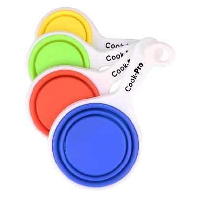 Multicolor silicone measuring cups with custom logo.