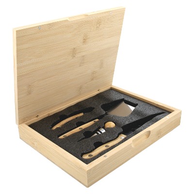 Bamboo and metal cheese knife set with laser engraved promotional imprint.