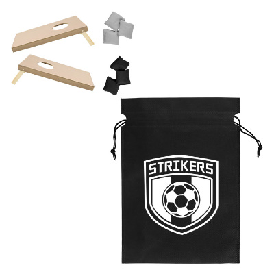 Black polypropylene outdoor game with a custom logo.