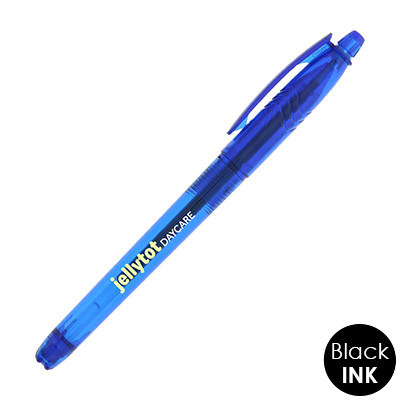 Translucent colored pen with custom logo.