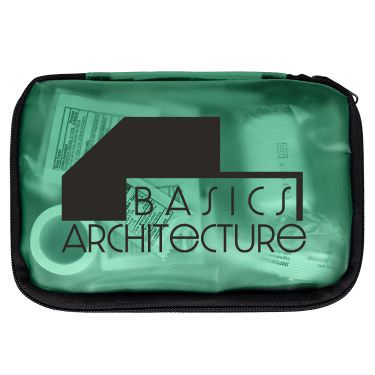Viny green first aid kit with a branded logo.