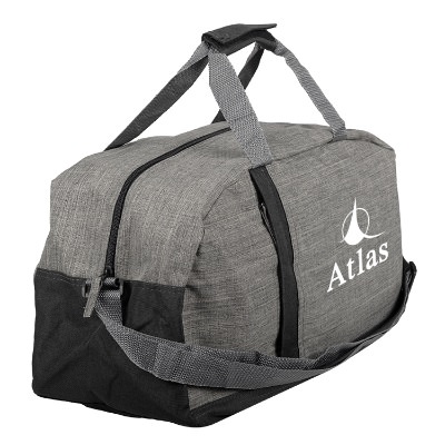 Heather gray gym bag with custom white imprint.
