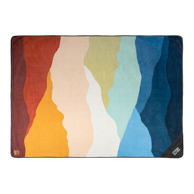 Colorful blanket with embroidered imprint.