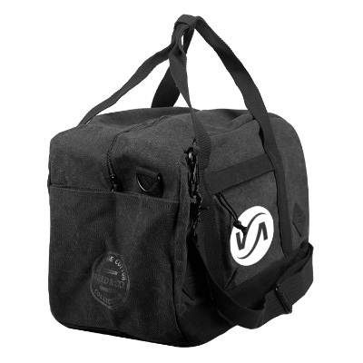 Black gym bag with side pocket and white custom imprint.