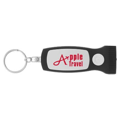 Red plastic keychain flashlight with custom one color logo.
