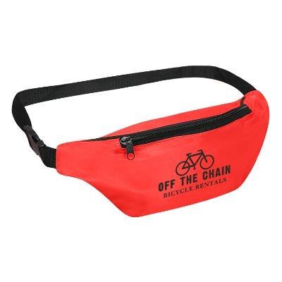 Imprinted lime fanny pack with adjustable waist band and buckle.