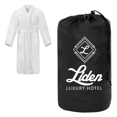 White polyester robe with custom imprint.