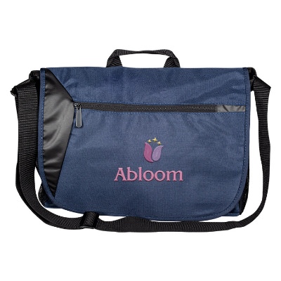 Blue messenger bag with zipper and embroidered imprint.