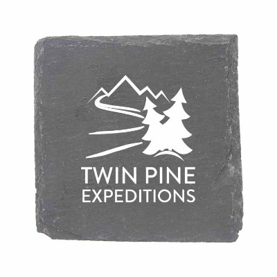 Natural black slate four-piece square coaster set with printed logos.