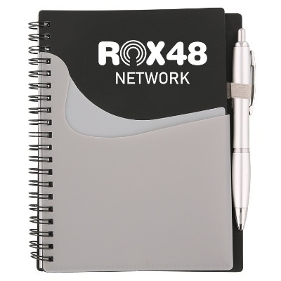 Custom logo on merlot notebook with pockets and matching pen.