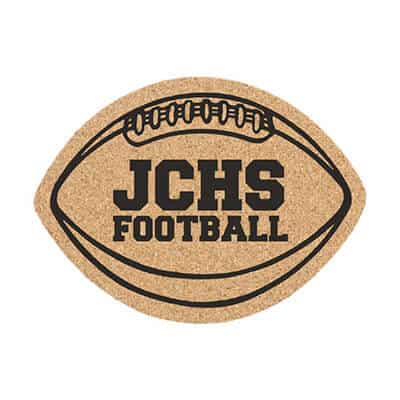 Cork football coaster with promotional print.