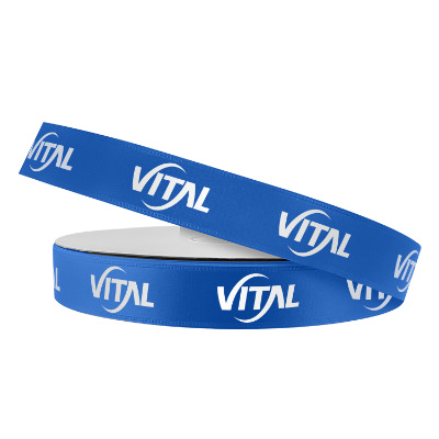Blue satin ribbon with a custom logo.