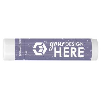 Black background lip balm with a promotional logo.