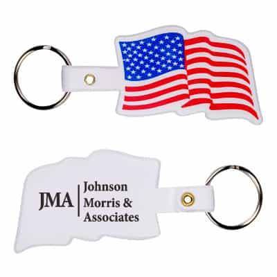 Poly vinyl chloride american flag flexible keychain with custom imprint.