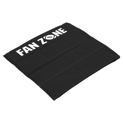 Black polyester seat cushion with a personalized imprint.