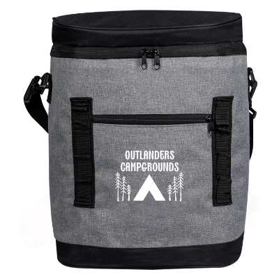Gray backpack cooler with custom logo.