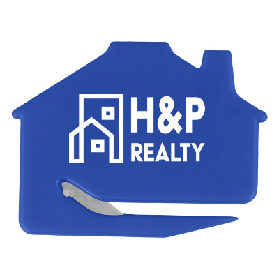 Blue plastic letter opener with a personalized logo.