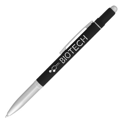 Silver metal pen with a custom logo.