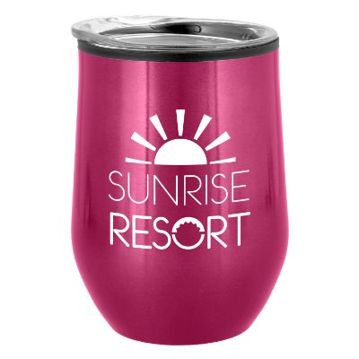 Fuchsia wine tumbler with custom logo.