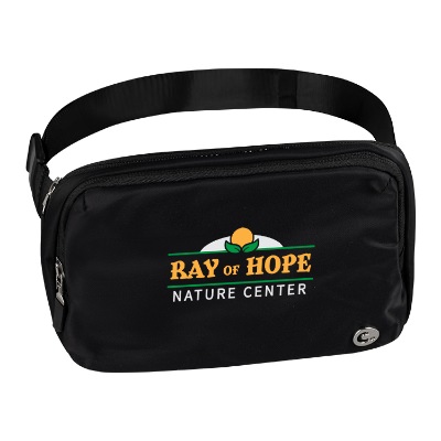 Black belt bag with custom full-color imprint.