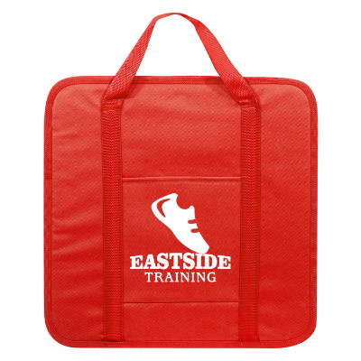 Red polyester stadium seat with a customized logo.