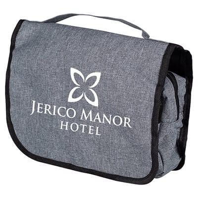 Polyester gray heathered hanging travel bag with branded logo.