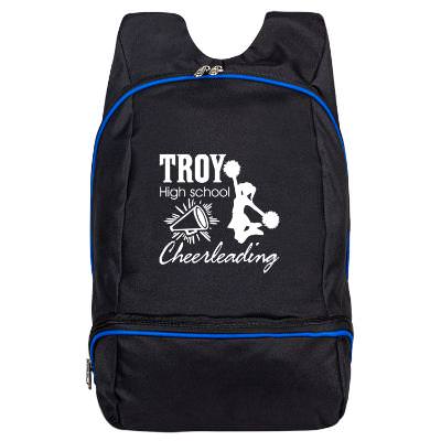 Black and blue backpack with custom logo.