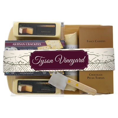 Tan bamboo charcuterie board with a personalized logo.