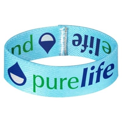 White elastic wristband with a customized logo.