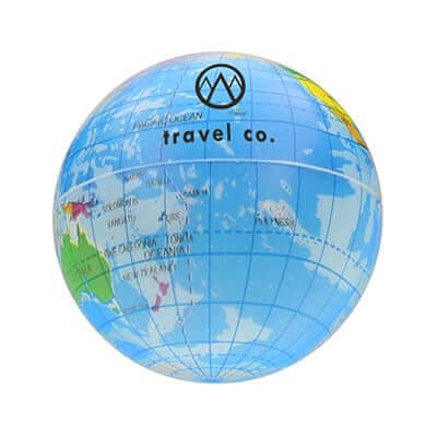 Foam 3 inch printed globe stress ball printed with a promotional logo.