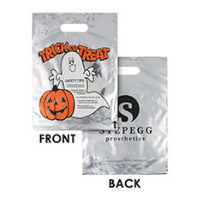 Plastic silver reflective ghost trick or treat recyclable bag with logo.