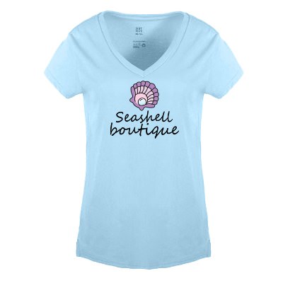 Crystal blue women's tee with personalized full color logo.