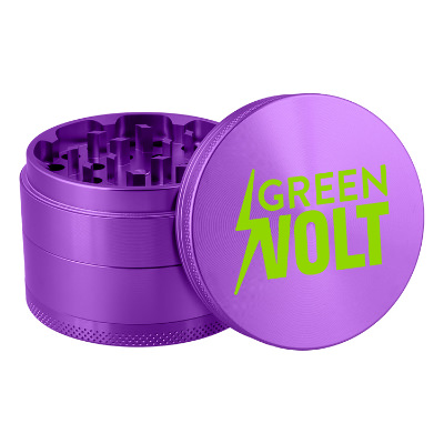 Purple metal grinder with custom logo.