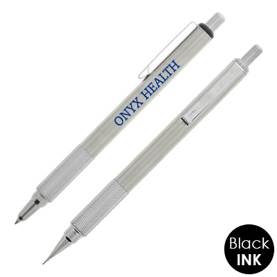 Silver writing set with custom imprinted logo.