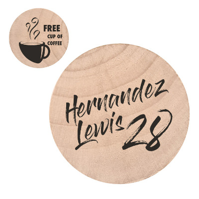 Natural wooden nickel with a custom logo.